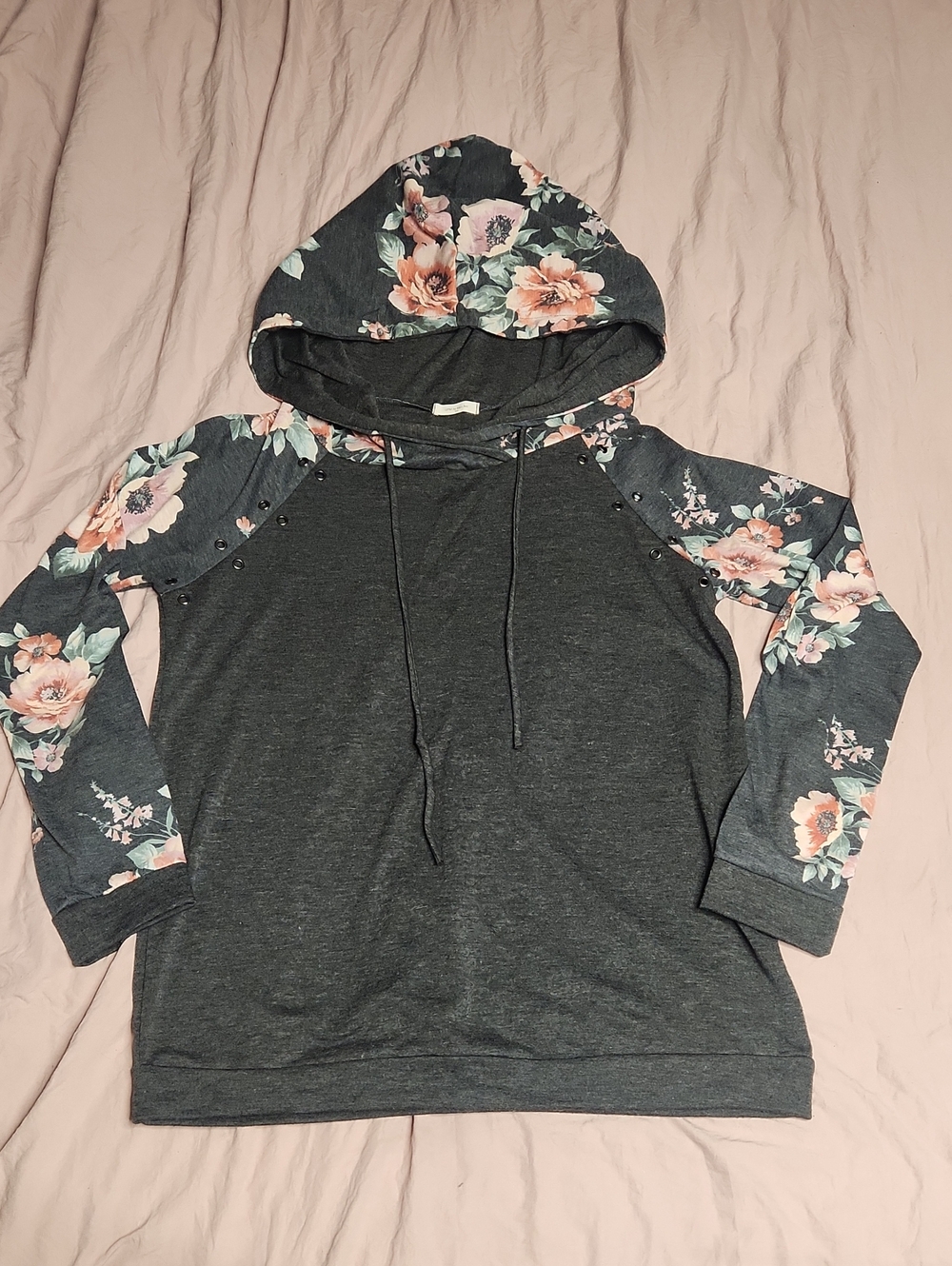 12 Pm By Mon Ami Dark Gray Hoodie with Pink Floral Accents